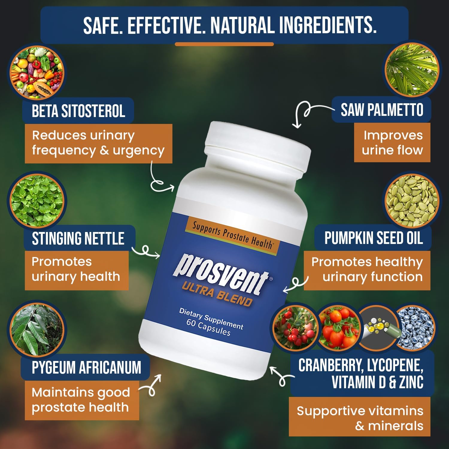 Prosvent Advanced Prostate Support Supplement - Natural Blend with Saw Palmetto, Pygeum, Lycopene, Stinging Nettle, Beta Sitosterol, Cranberry - 60 Capsules