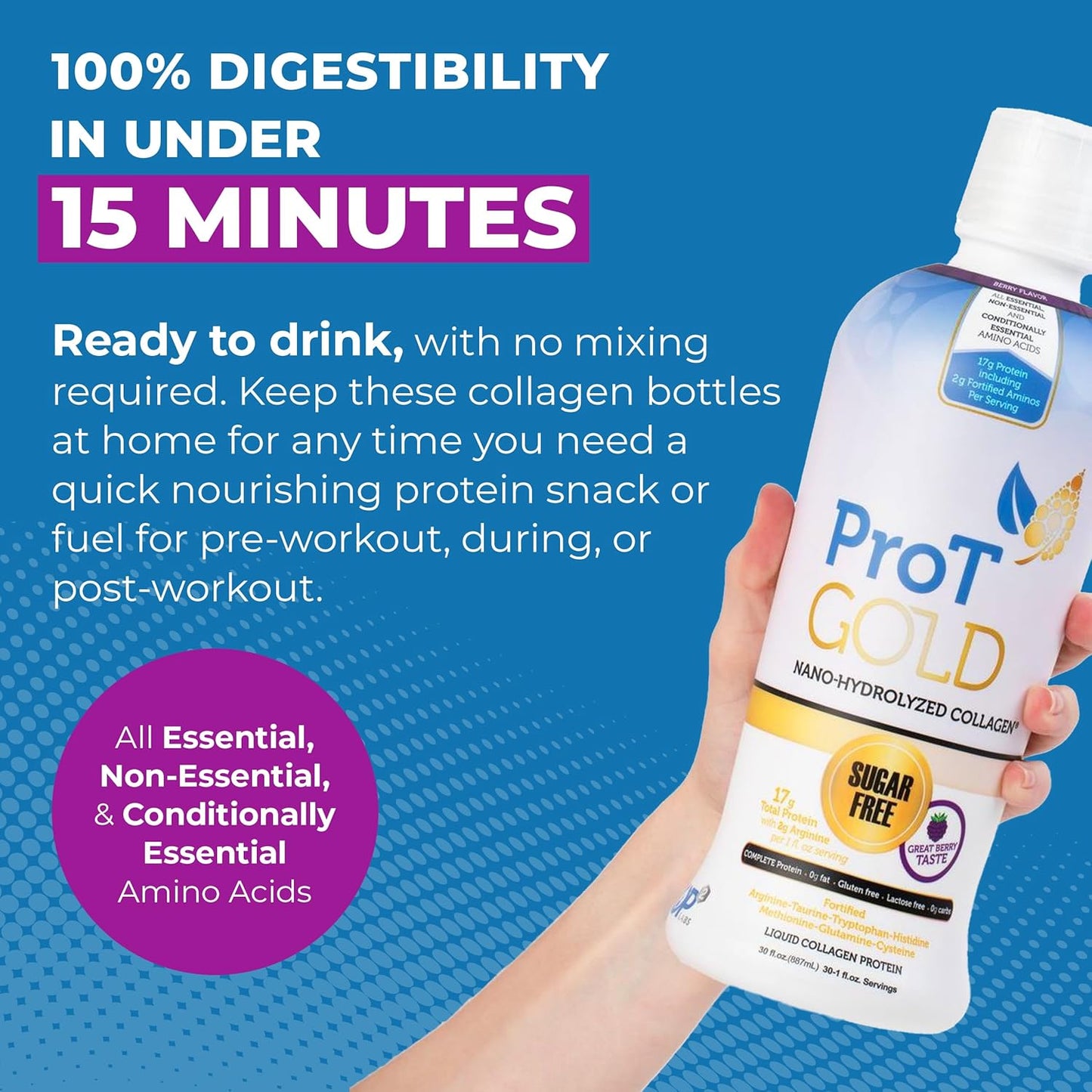 ProT Gold Liquid Collagen Protein Shot - Berry Flavor, 17g Protein, 2g Arginine, Non GMO, Gluten & Sugar Free, 30 fl oz