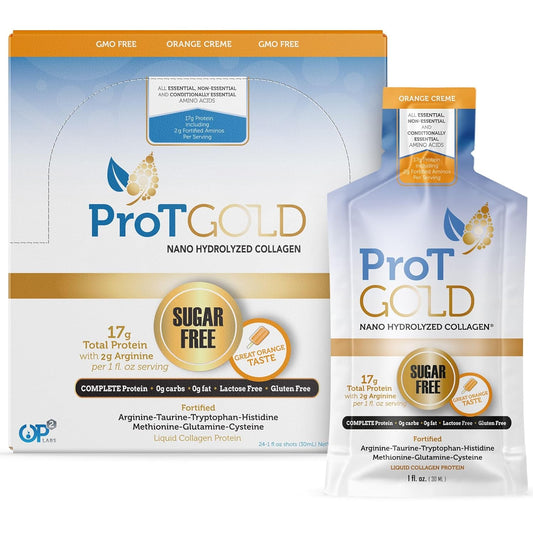 ProT Gold Liquid Collagen Protein Shot - Grass Fed Collagen with Arginine for Wound Support - Orange Creme Flavor - Gluten & Sugar Free - 24 Pack
