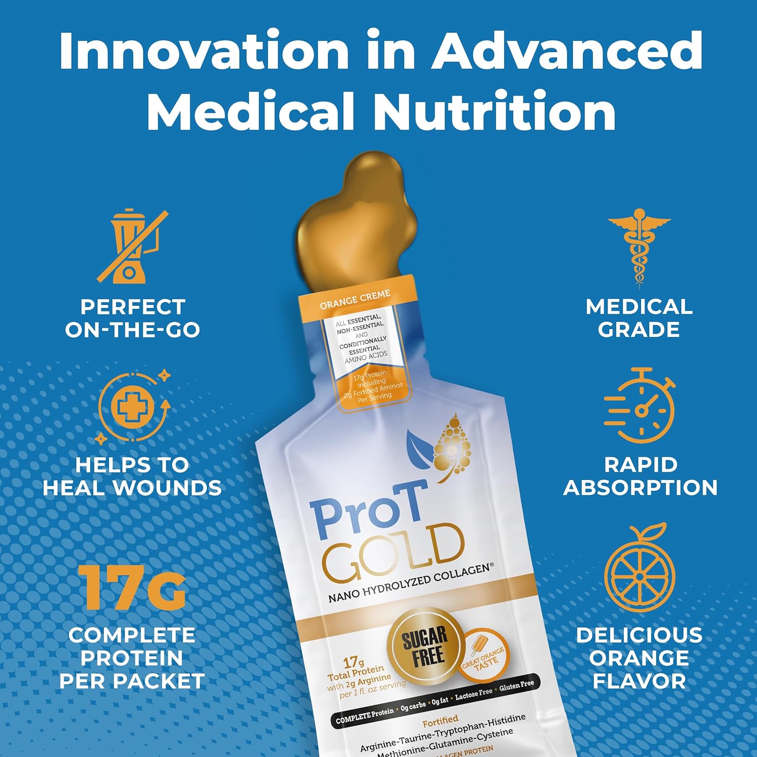 ProT Gold Liquid Collagen Protein Shot - Grass Fed Collagen with Arginine for Wound Support - Orange Creme Flavor - Gluten & Sugar Free - 24 Pack