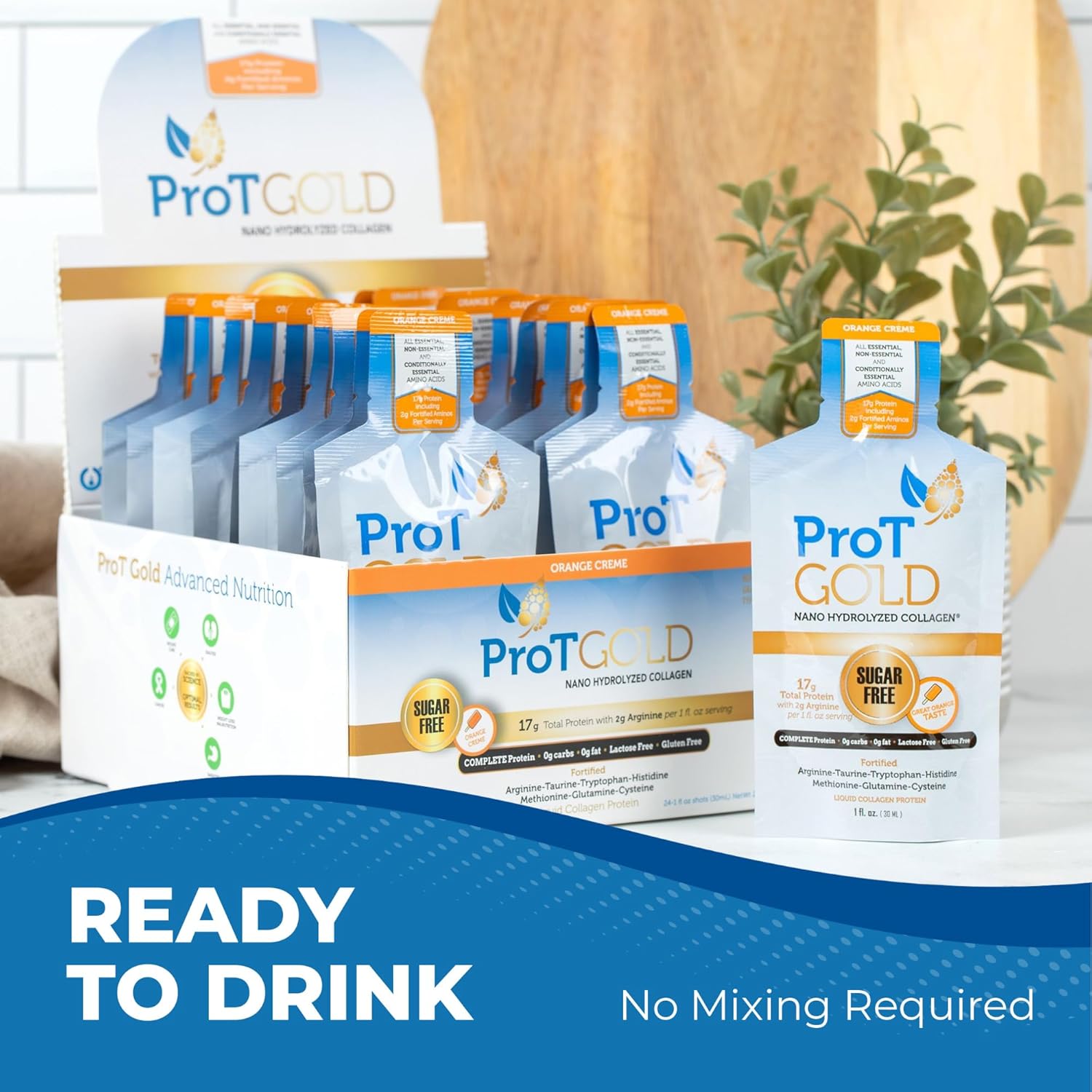 ProT Gold Liquid Collagen Protein Shot - Grass Fed Collagen with Arginine for Wound Support - Orange Creme Flavor - Gluten & Sugar Free - 24 Pack