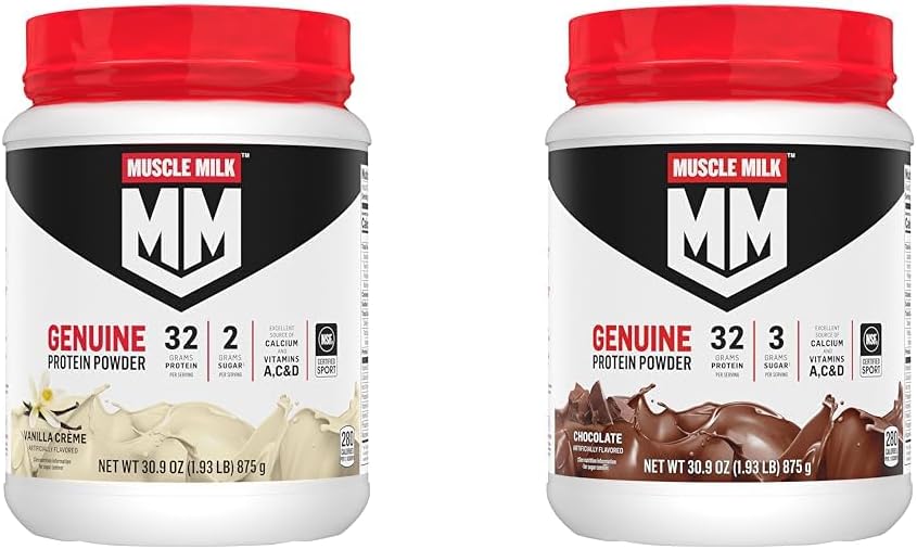 Protein Powder Bundle: Muscle Milk Genuine Vanilla Crème & Chocolate Varieties, 1.93 lbs Each, 12 Servings, 32g Protein, Low Sugar