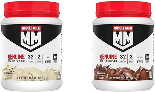 Protein Powder Bundle: Muscle Milk Genuine Vanilla Crème & Chocolate Varieties, 1.93 lbs Each, 12 Servings, 32g Protein, Low Sugar