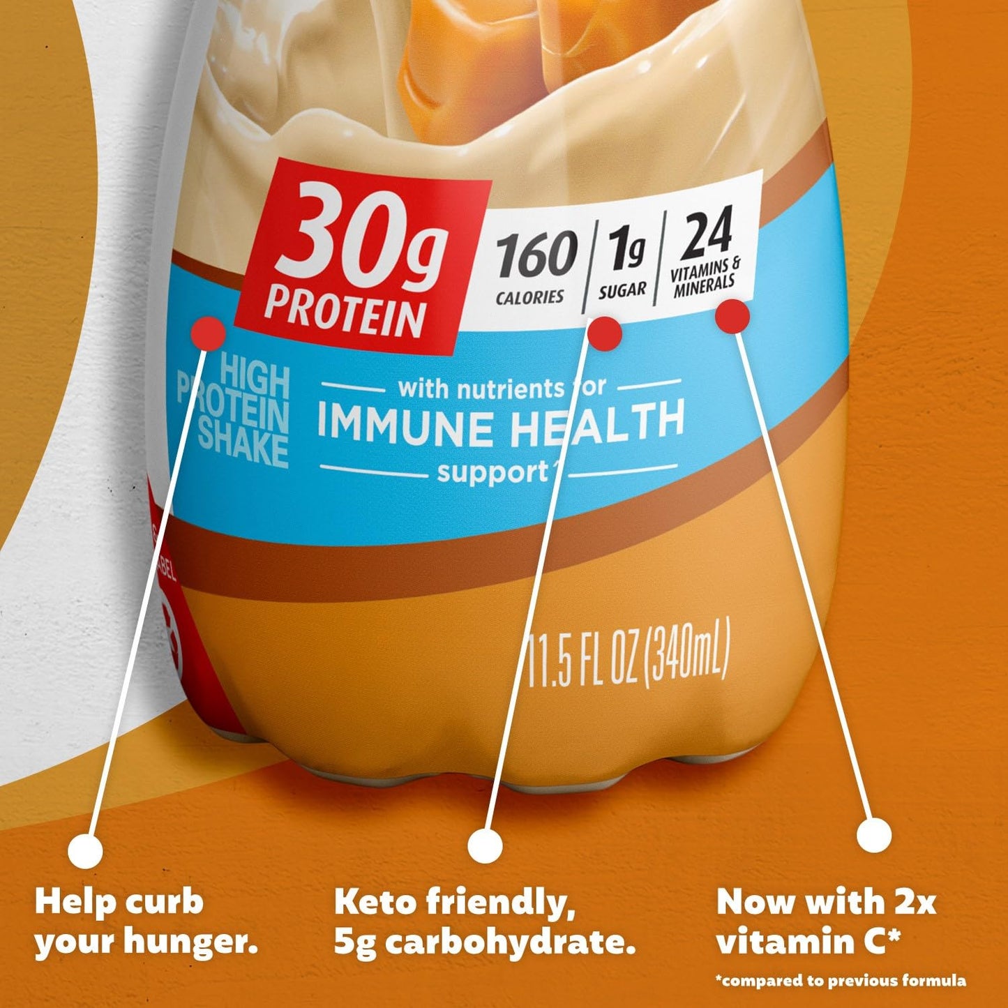 Protein Shake with 30g Protein, 1g Sugar, Caramel Flavor, 24 Vitamins & Minerals, Immune Health Support, 11.5 fl oz