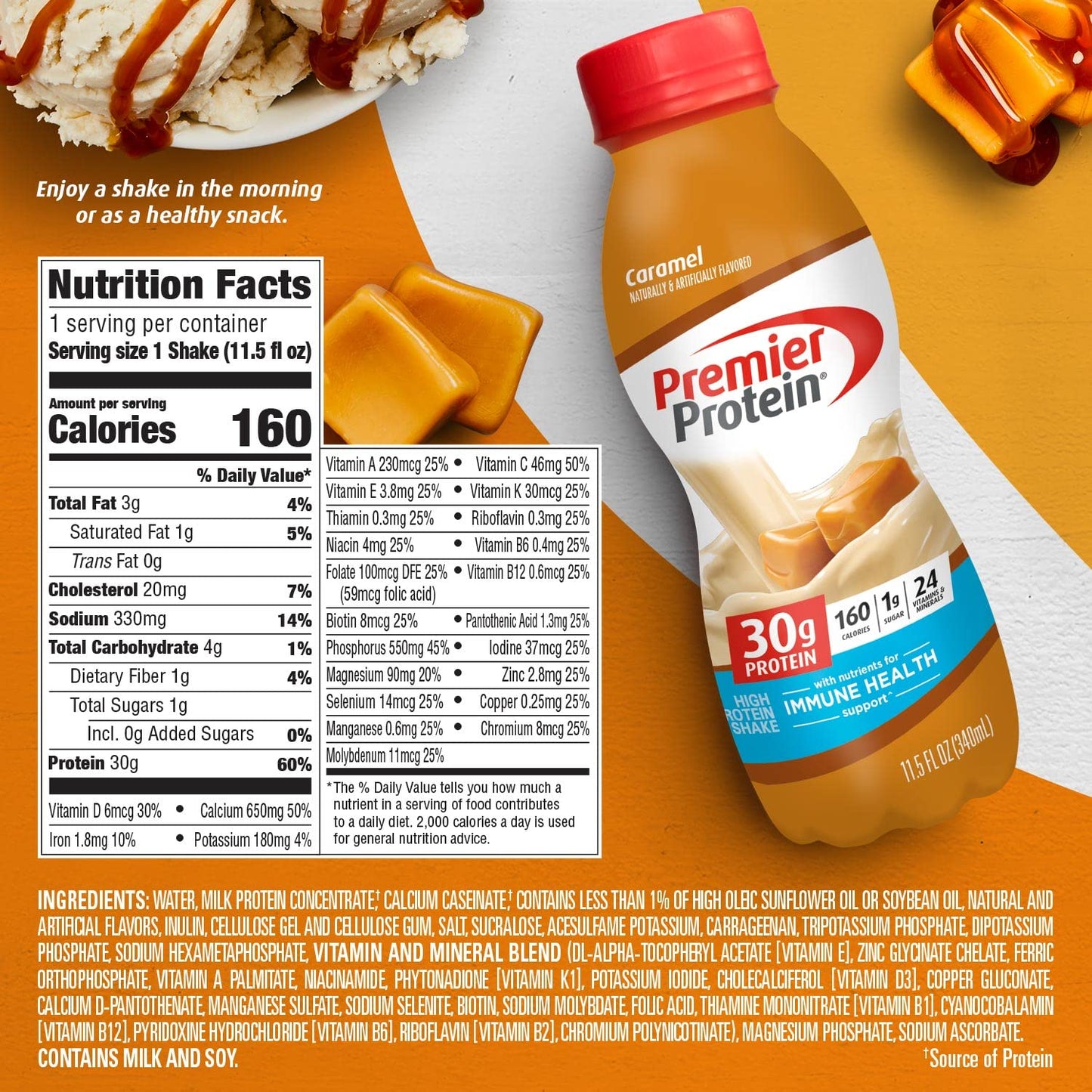 Protein Shake with 30g Protein, 1g Sugar, Caramel Flavor, 24 Vitamins & Minerals, Immune Health Support, 11.5 fl oz