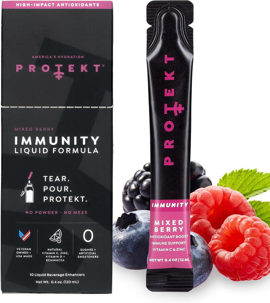 PROTEKT Mixed Berry Liquid Immune Support Supplement with Vitamin C and Zinc - 10ct Sugar-Free Drink Mix for Adults - Immunity Boosters