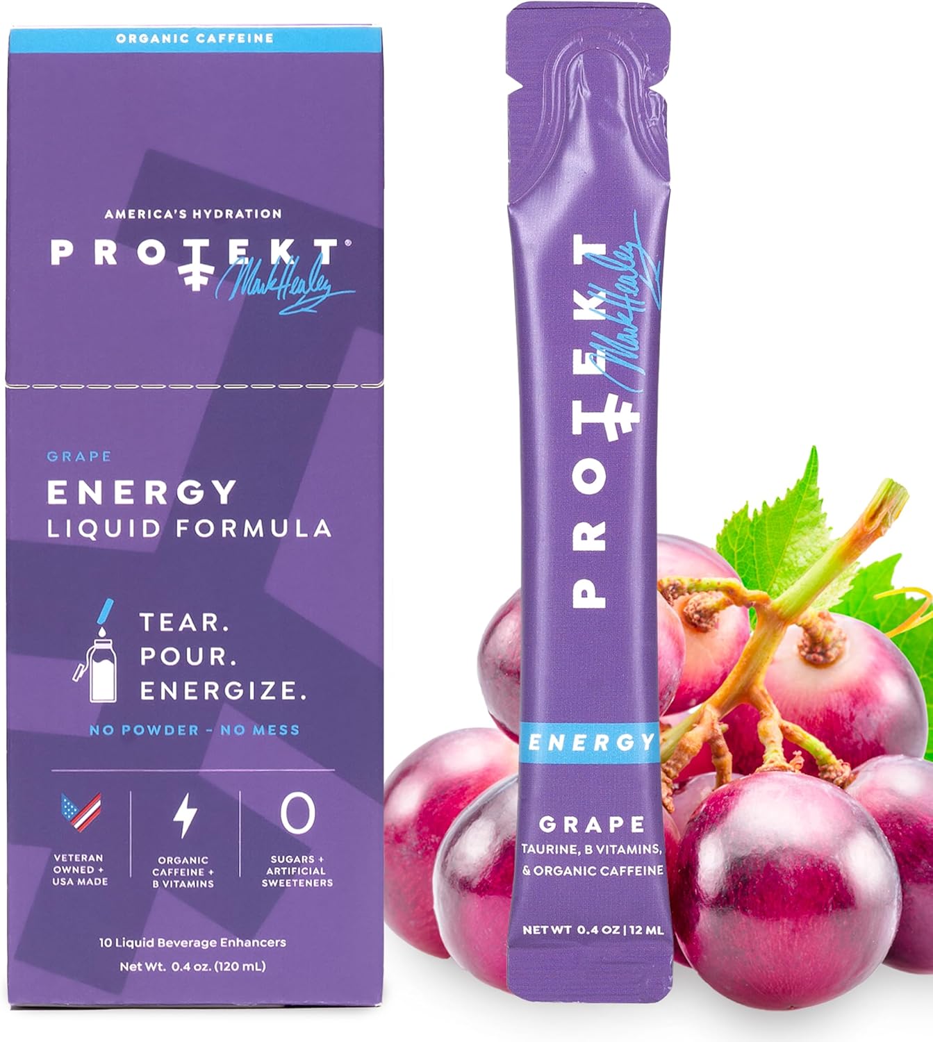 PROTEKT Zero Sugar Energy Drink Pack - Keto Natural Mix with Liquid Vitamin B and Organic Caffeine Blend - On-The-Go Liquid Packets in Zero Sugar Grape Flavor - Pack of 10