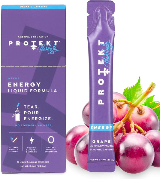 PROTEKT Zero Sugar Energy Drink Pack - Keto Natural Mix with Liquid Vitamin B and Organic Caffeine Blend - On-The-Go Liquid Packets in Zero Sugar Grape Flavor - Pack of 10