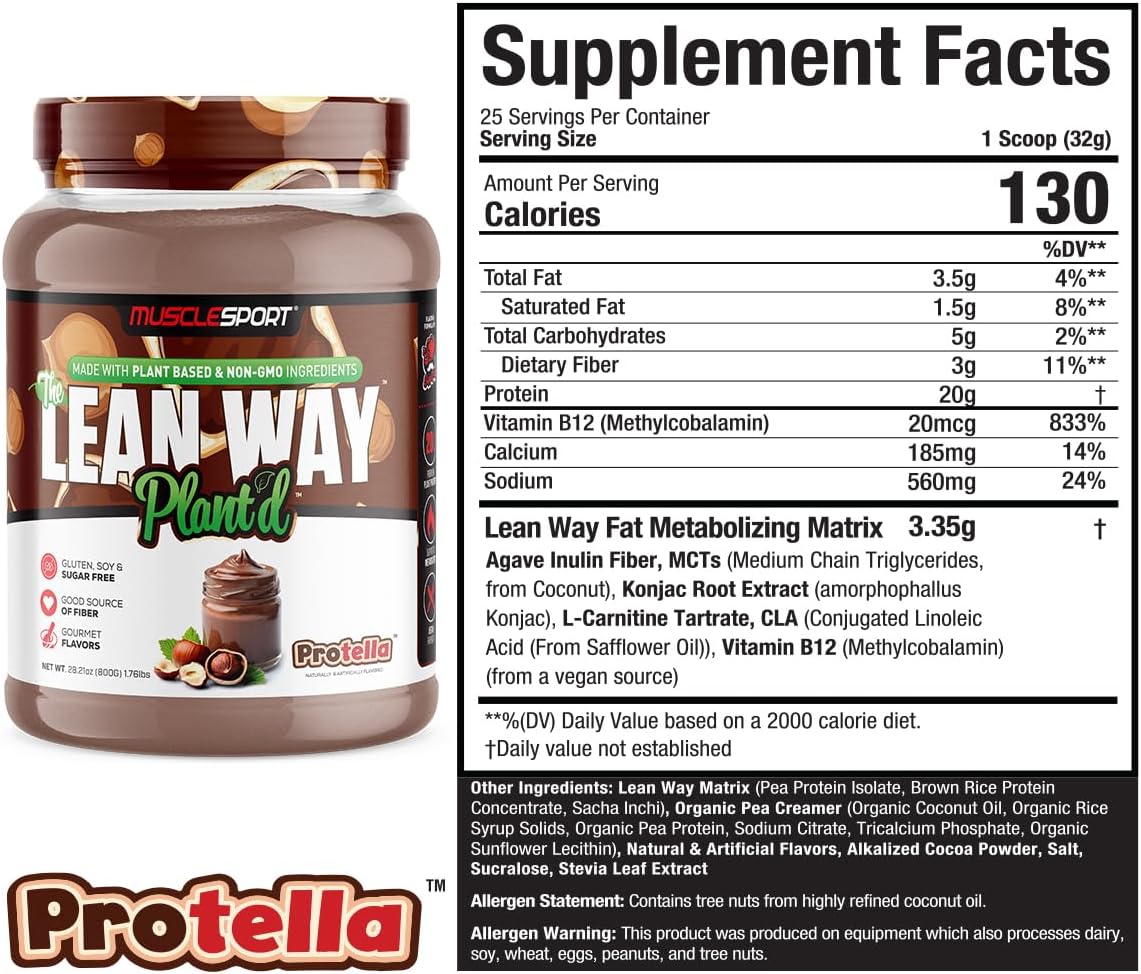 Protella Musclesport Lean Way Plant Protein Blend - Pea & Brown Rice Protein with CLA, MCT, and L-Carnitine - 20 Servings