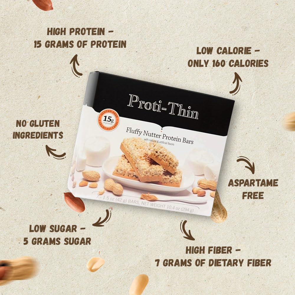 Proti-Thin Fluffy Nutter Protein Bars - High Protein, Low Calorie, VLC, KETO Diet Friendly - Ideal for Ideal Protein - Gluten Free - 7 Bars