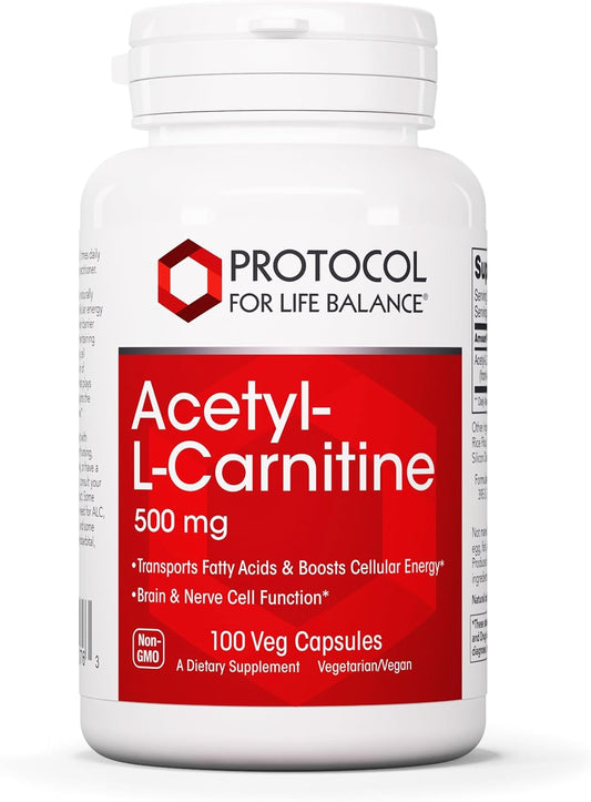 Protocol Acetyl-L-Carnitine 500mg Capsules for Energy, Nerve, and Brain Support - 100 Count Vegan Capsules