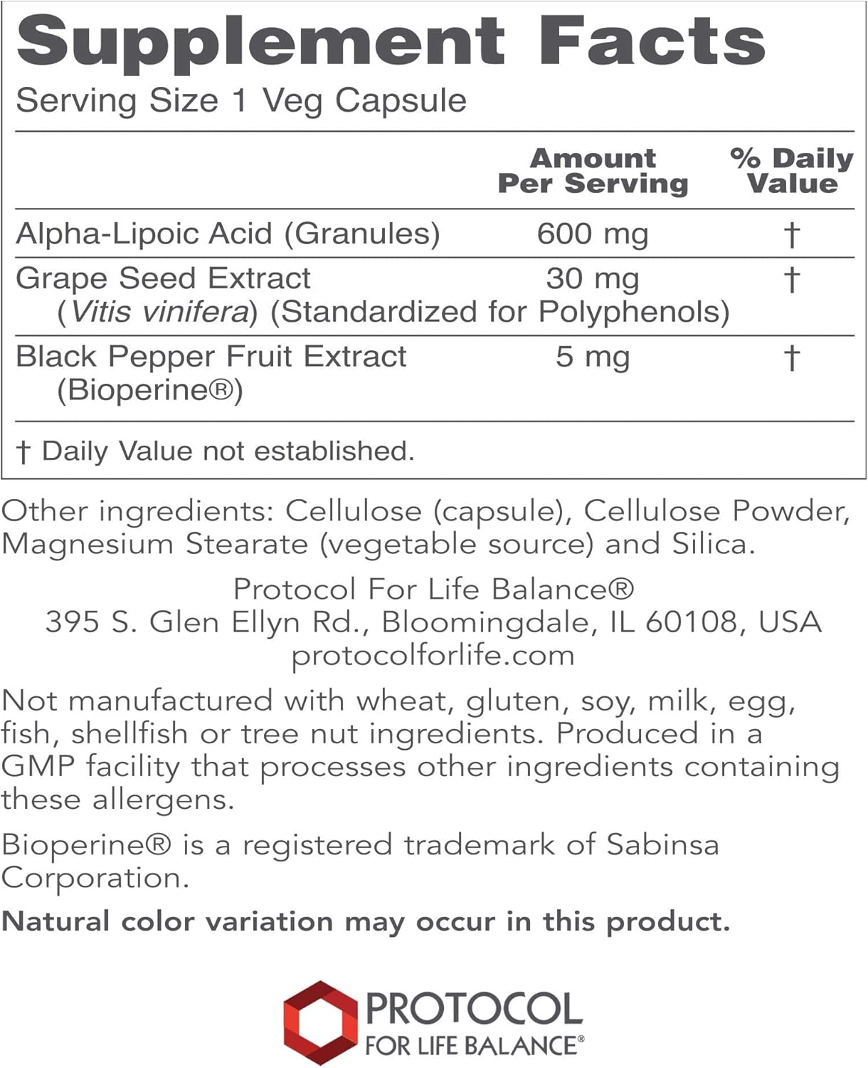 Protocol Alpha Lipoic Acid 600mg with Grape Seed Extract and Bioperine - 60 Vegetarian Capsules