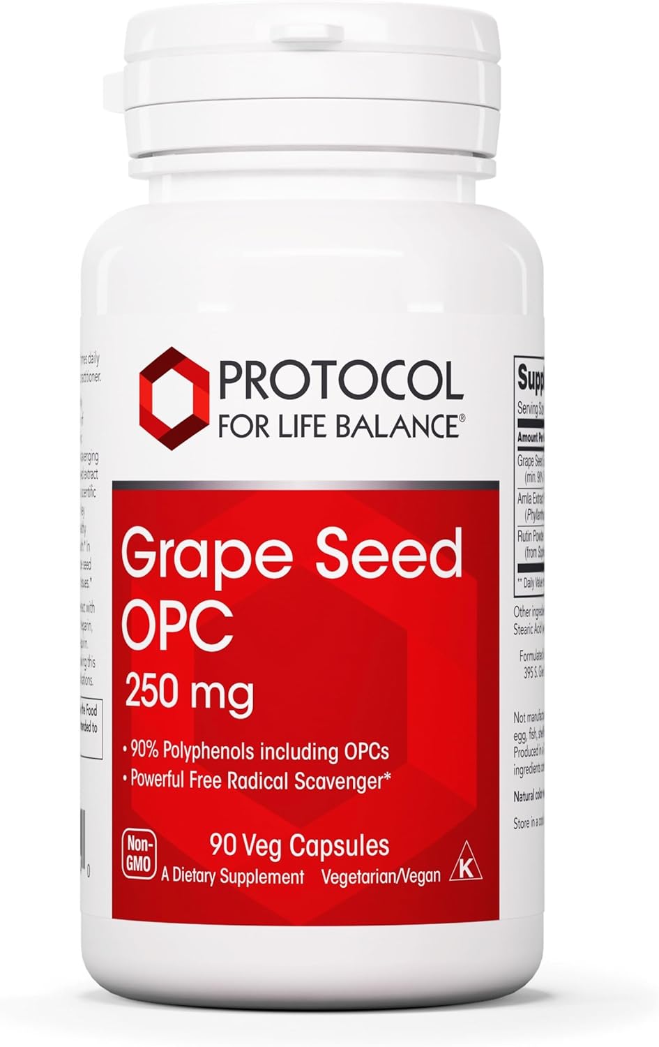 Protocol Grape Seed OPC Capsules - 250mg, 90% Polyphenols, with Rutin & Amla Fruit Extract - Non-GMO & Kosher - 90 Veg Capsules