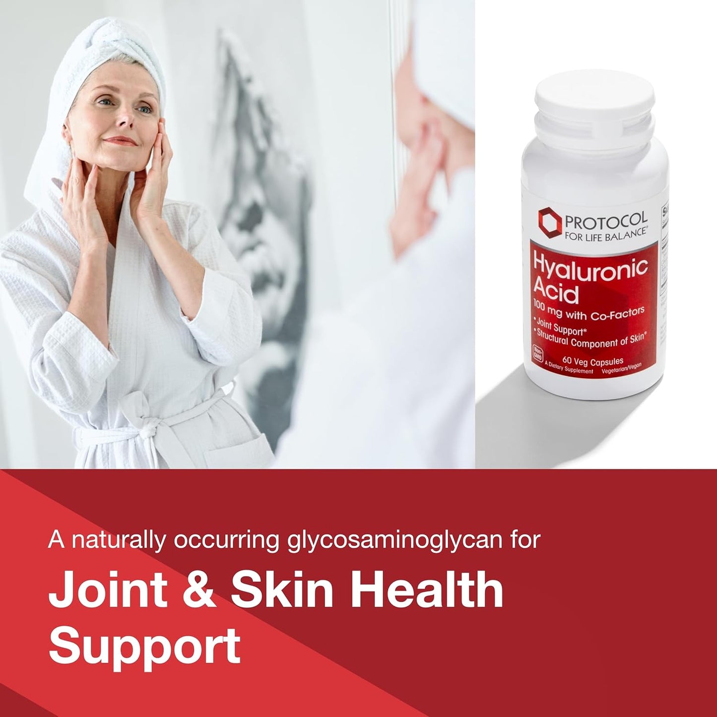 Protocol Hyaluronic Acid Supplement for Skin, Joints, and Eyes - 100mg - Non-GMO & Kosher - 60 Veg Capsules