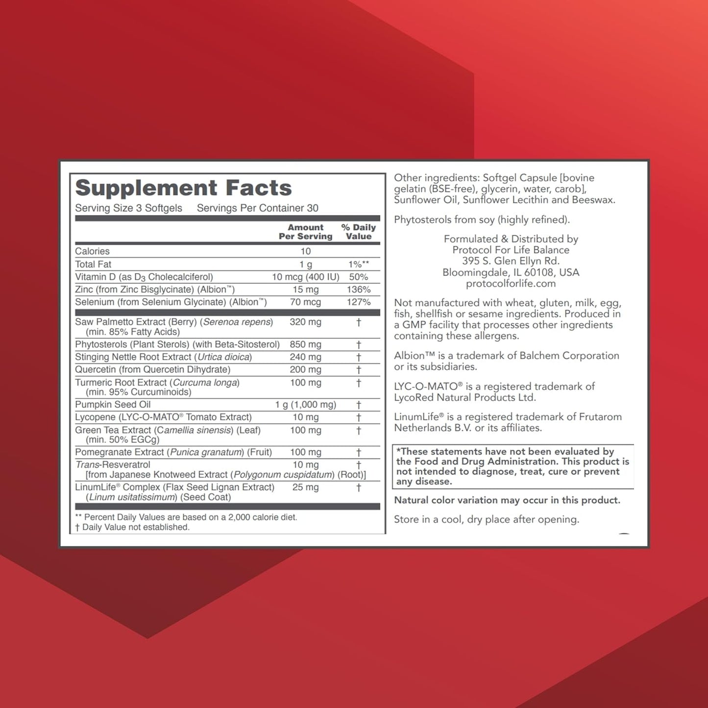 Protocol Prostate-B Clinical Strength Supplement with Beta Sitosterol, Lycopene, Saw Palmetto - 90 Softgels for Men's Prostate Health - Halal & Dairy Free