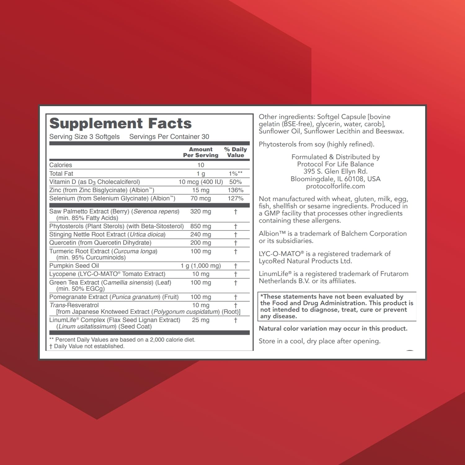 Protocol Prostate-B Clinical Strength Supplement with Beta Sitosterol, Lycopene, Saw Palmetto - 90 Softgels for Men's Prostate Health - Halal & Dairy Free