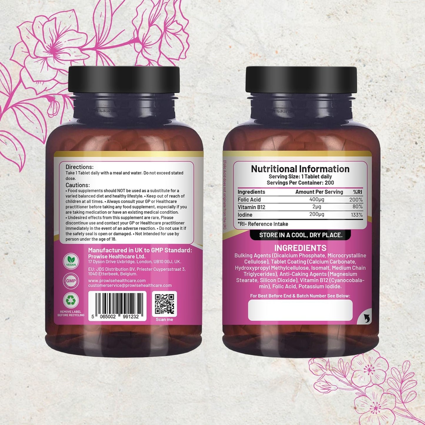 Prowise Healthcare Folic Acid+ 400mcg - Vegan Tablets with Vitamin B12 & Iodine for Pregnancy Care - Made in UK by Prowise