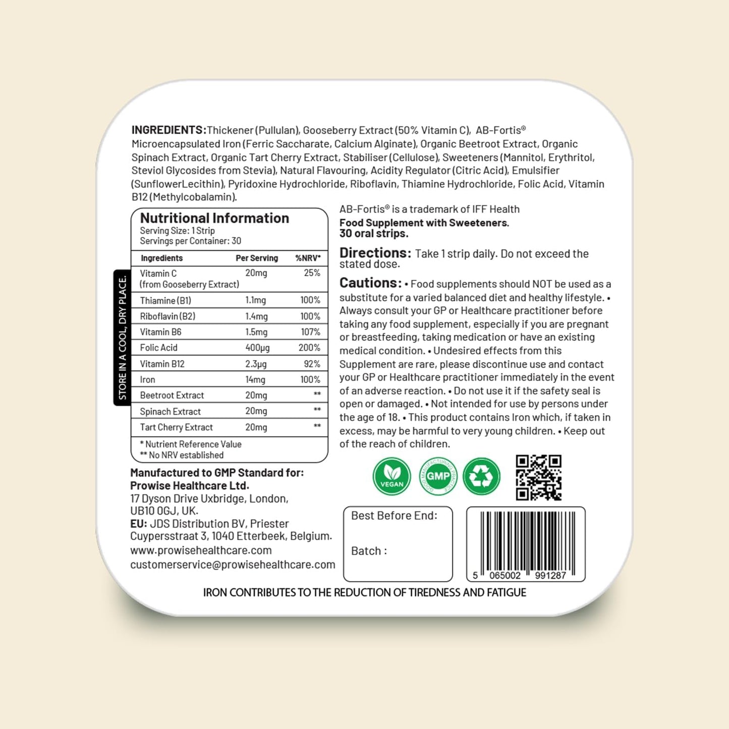 Prowise Healthcare PROSTRIP® Iron+ AB-Fortis® 14mg with Vitamin C, B1, B2, B6, Folic Acid - 30 Oral Vegan Strips