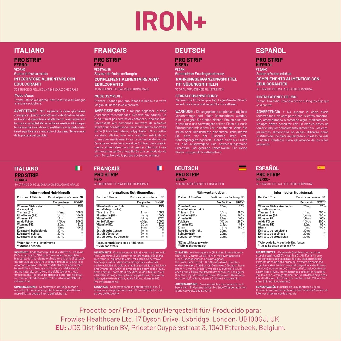 Prowise Healthcare PROSTRIP® Iron+ AB-Fortis® 14mg with Vitamin C, B1, B2, B6, Folic Acid - 30 Oral Vegan Strips