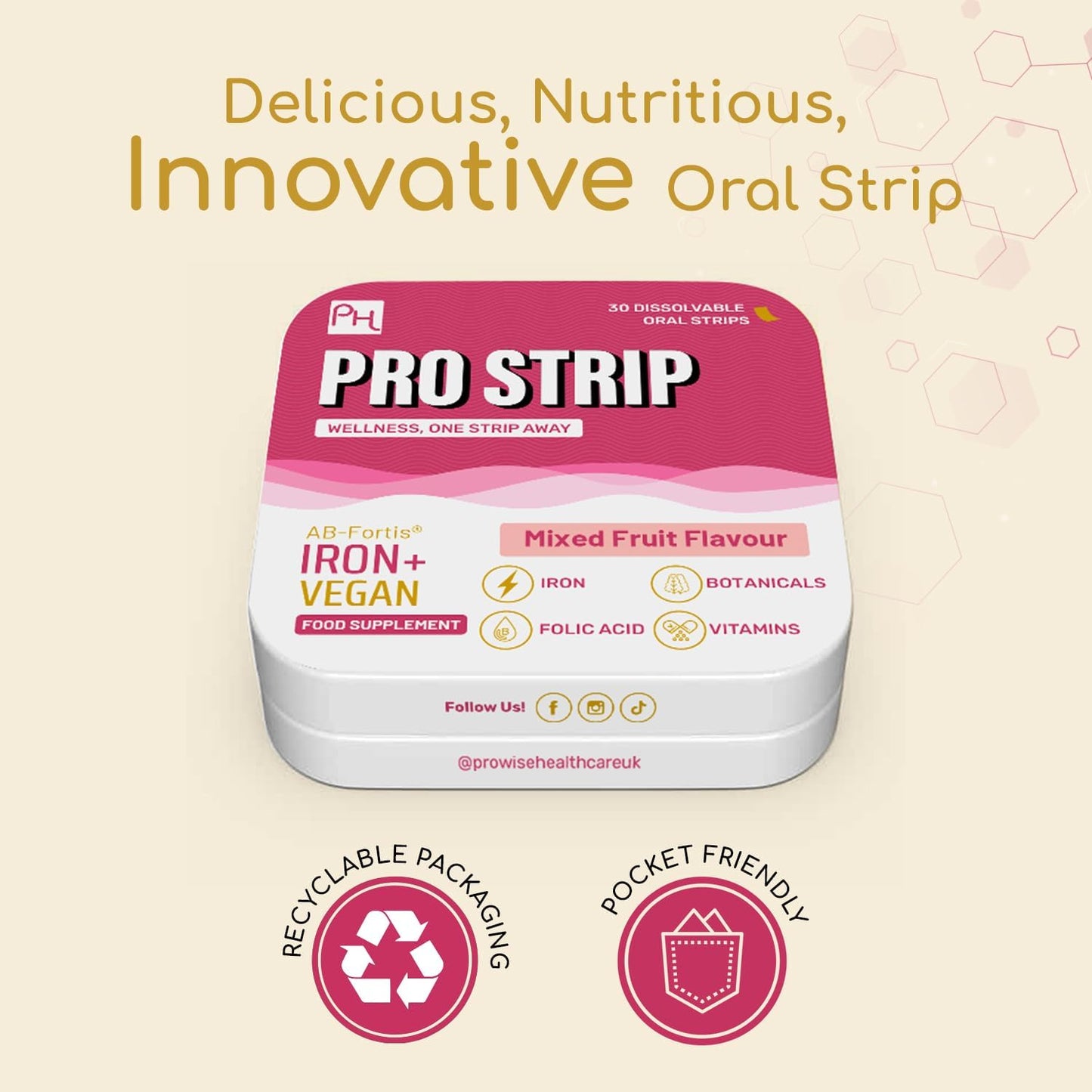 Prowise Healthcare PROSTRIP® Iron+ AB-Fortis® 14mg with Vitamin C, B1, B2, B6, Folic Acid - 30 Oral Vegan Strips