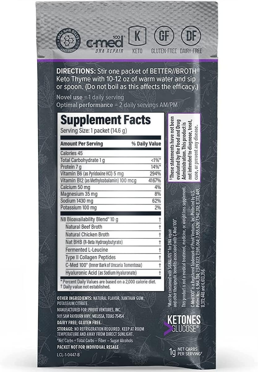 Pruvit Better Broth Keto Thyme for Joint Support, Muscle Recovery, Skin, and Hair - 20 Count Pack