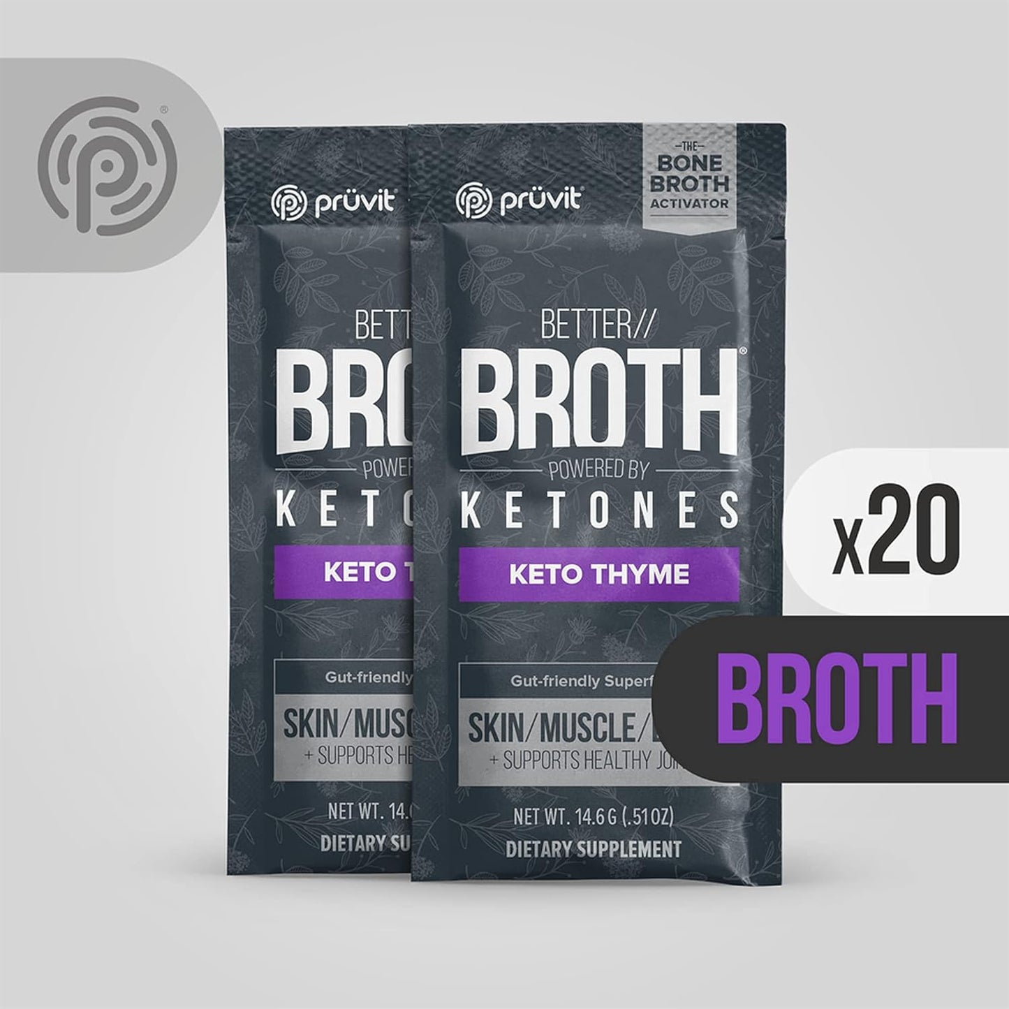 Pruvit Better Broth Keto Thyme for Joint Support, Muscle Recovery, Skin, and Hair - 20 Count Pack