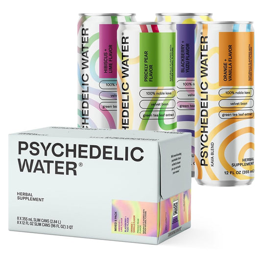 Psychedelic Water Mixed Pack: Mood-Enhancing Relaxation Drink with Calming Kava and Mucuna Pruriens - Gluten-Free, Low Calorie, Non-Alcoholic Adaptogen Mocktails - 8 Cans