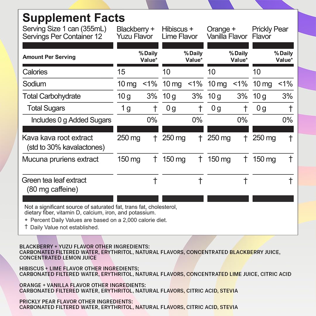 Psychedelic Water Mixed Pack: Mood-Enhancing Relaxation Drink with Calming Kava and Mucuna Pruriens - Gluten-Free, Low Calorie, Non-Alcoholic Adaptogen Mocktails - 8 Cans