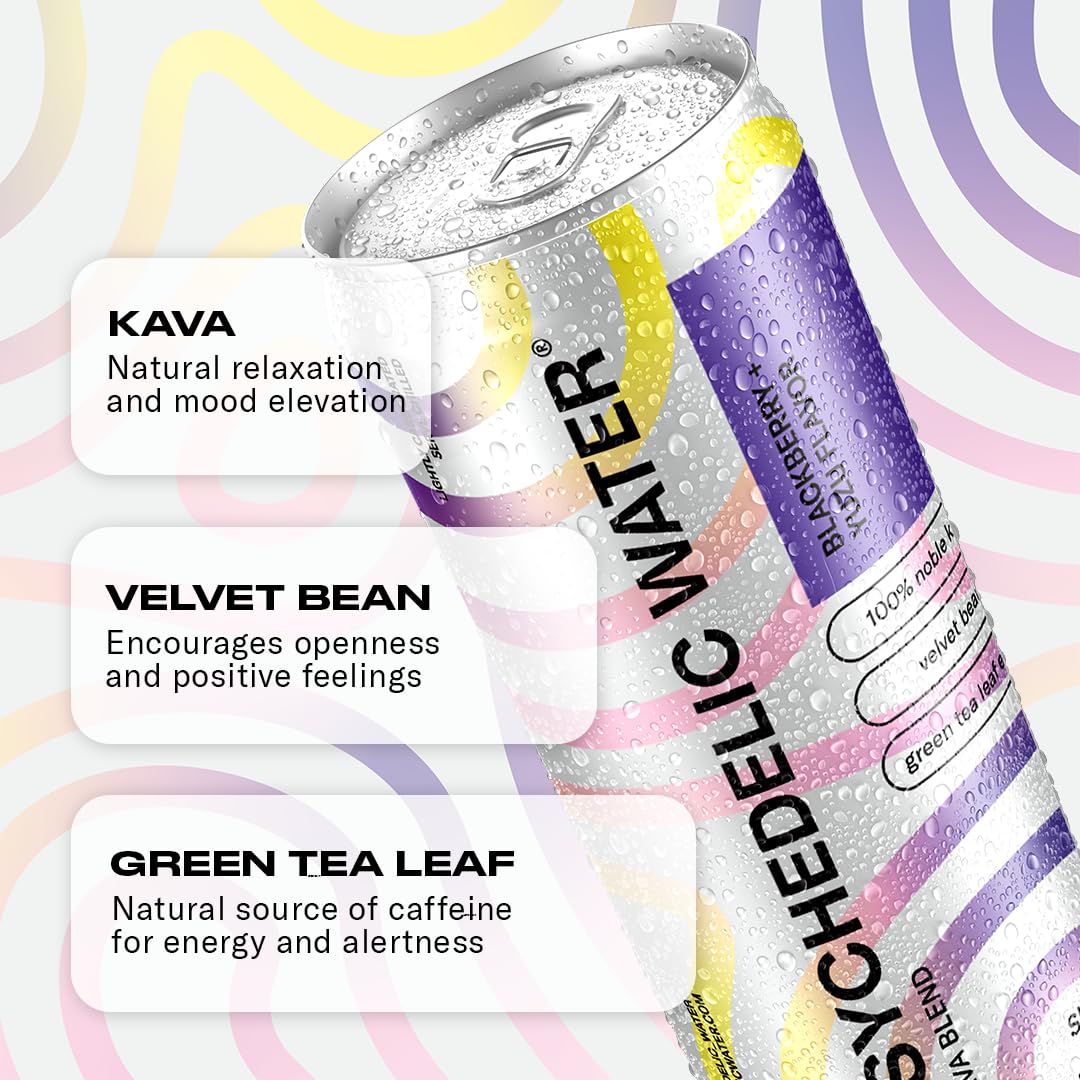 Psychedelic Water Mixed Pack: Mood-Enhancing Relaxation Drink with Calming Kava and Mucuna Pruriens - Gluten-Free, Low Calorie, Non-Alcoholic Adaptogen Mocktails - 8 Cans