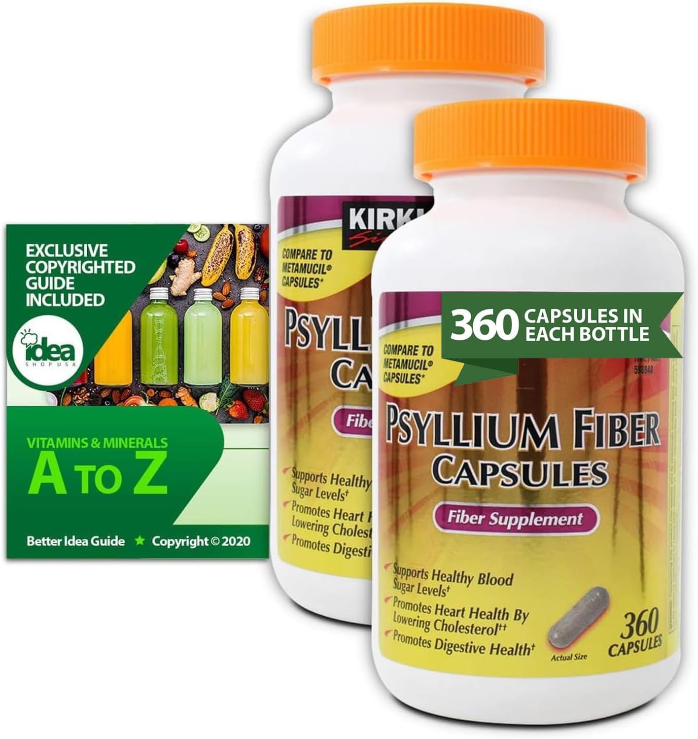 Psyllium Fiber Supplement Bundle for Digestive Health - 360 Capsules (2 Pack) with Vitamins & Minerals - A to Z Digestive Support Guide