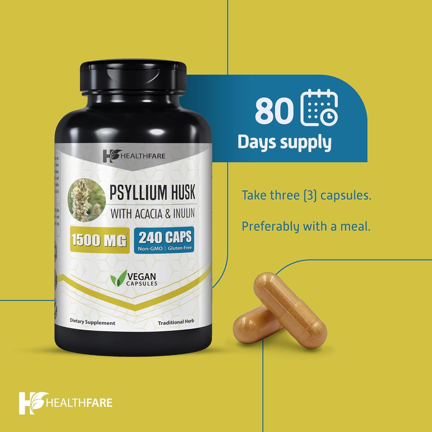 Psyllium Husk Capsules 1500mg - 240 Veg Capsules for High Fiber, Gluten-Free & Non-GMO Healthfare Supplement