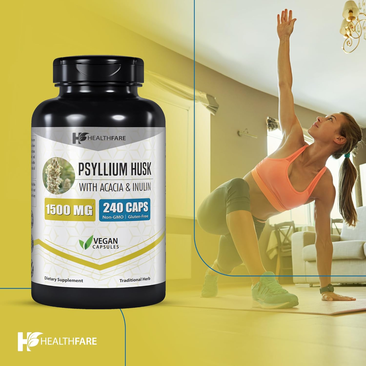 Psyllium Husk Capsules 1500mg - 240 Veg Capsules for High Fiber, Gluten-Free & Non-GMO Healthfare Supplement