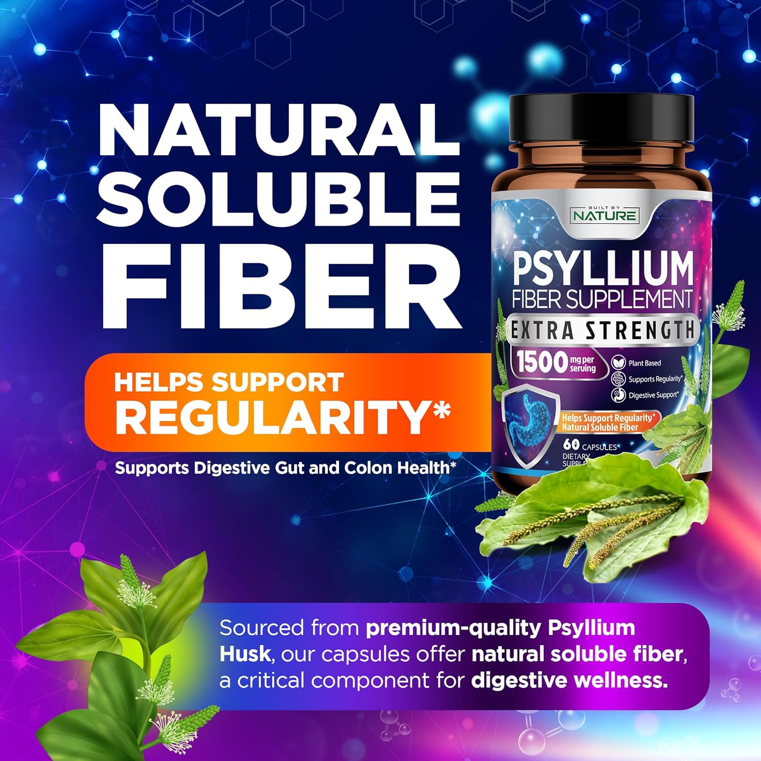Psyllium Husk Capsules 1500mg - Natural Fiber Supplement for Digestive Health - Non-GMO, Gluten-Free, Vegan - 60 Caps