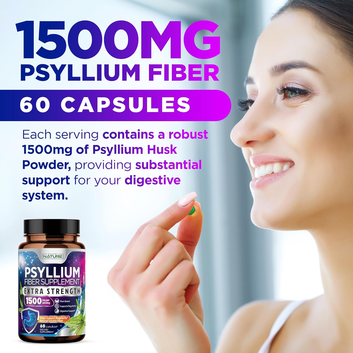 Psyllium Husk Capsules 1500mg - Natural Fiber Supplement for Digestive Health - Non-GMO, Gluten-Free, Vegan - 60 Caps
