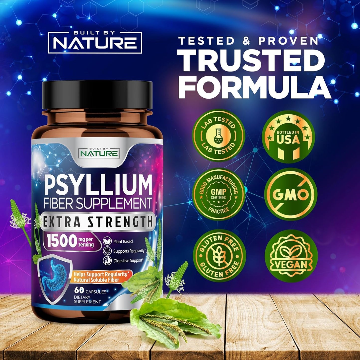 Psyllium Husk Capsules 1500mg - Natural Fiber Supplement for Digestive Health - Non-GMO, Gluten-Free, Vegan - 60 Caps
