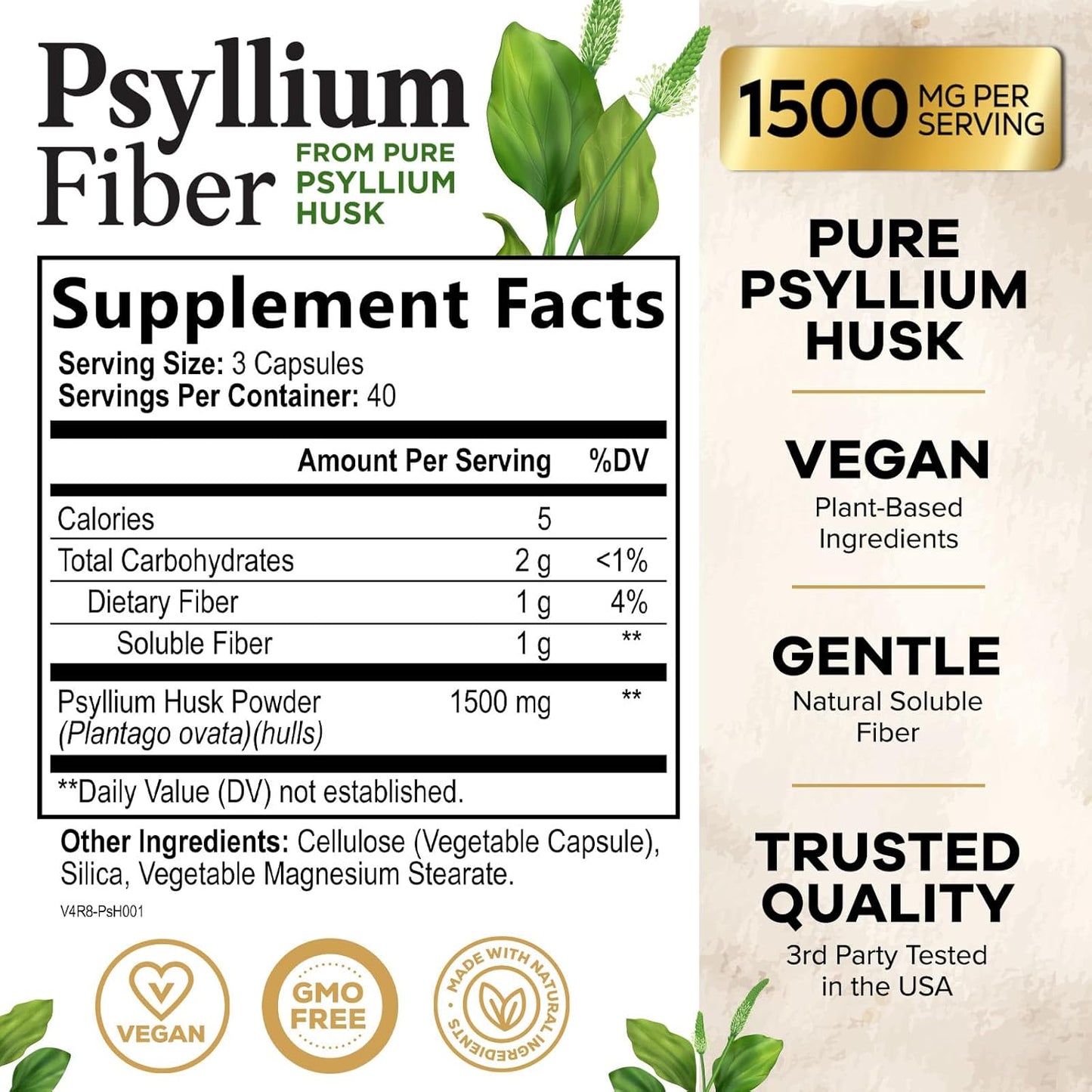 Psyllium Husk Capsules 1500mg - Natural Soluble & Insoluble Fiber Supplement for Digestion & Colon Health - 120 Capsules