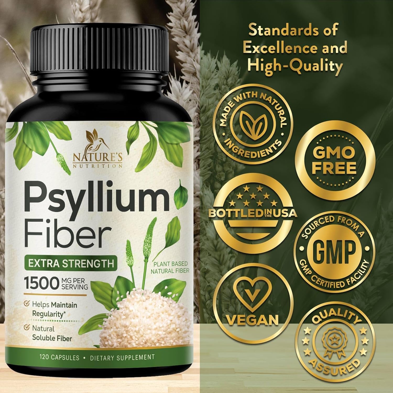 Psyllium Husk Capsules 1500mg - Natural Soluble & Insoluble Fiber Supplement for Digestion & Colon Health - 120 Capsules