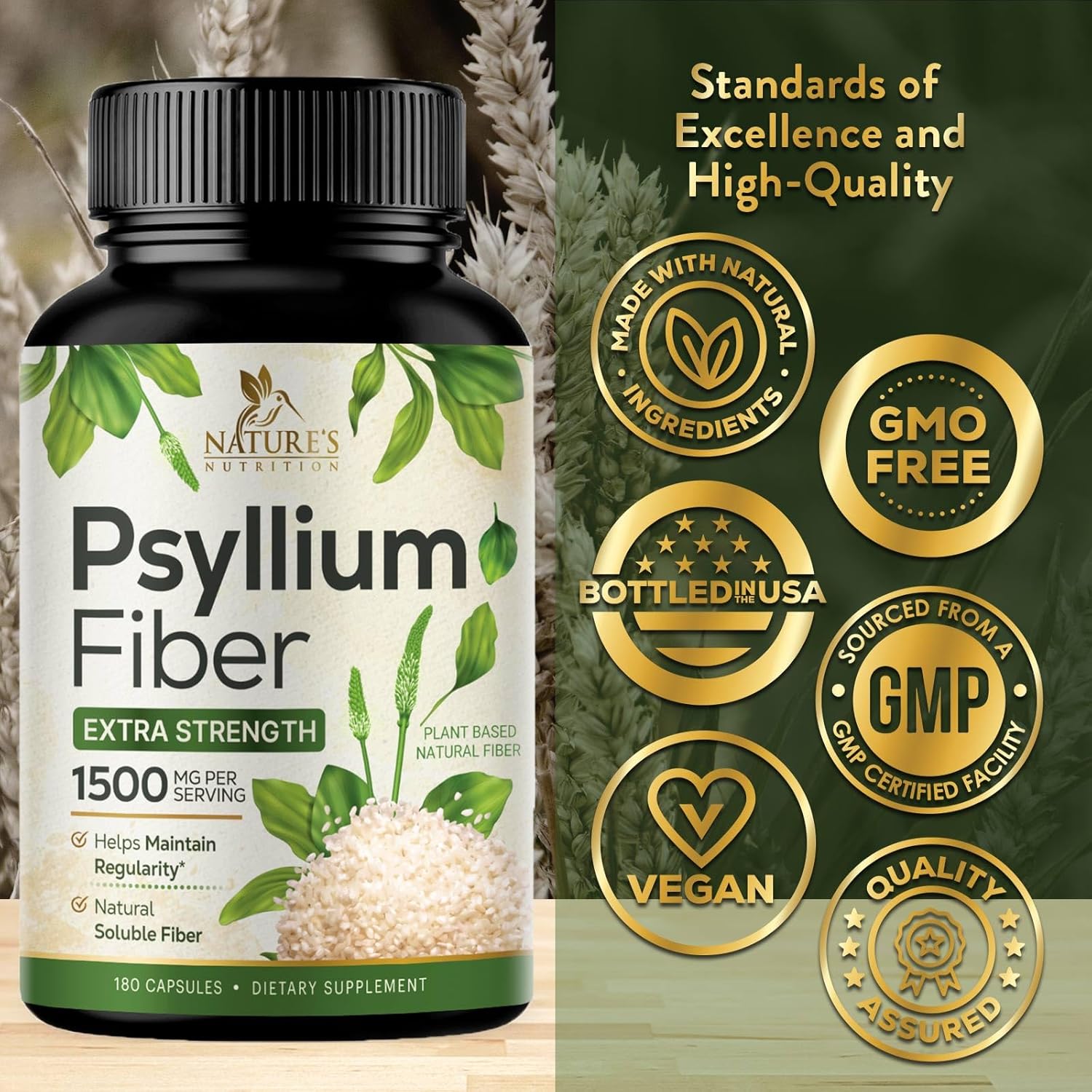 Psyllium Husk Capsules 1500mg for Digestion & Regularity - 180 Vegan Capsules