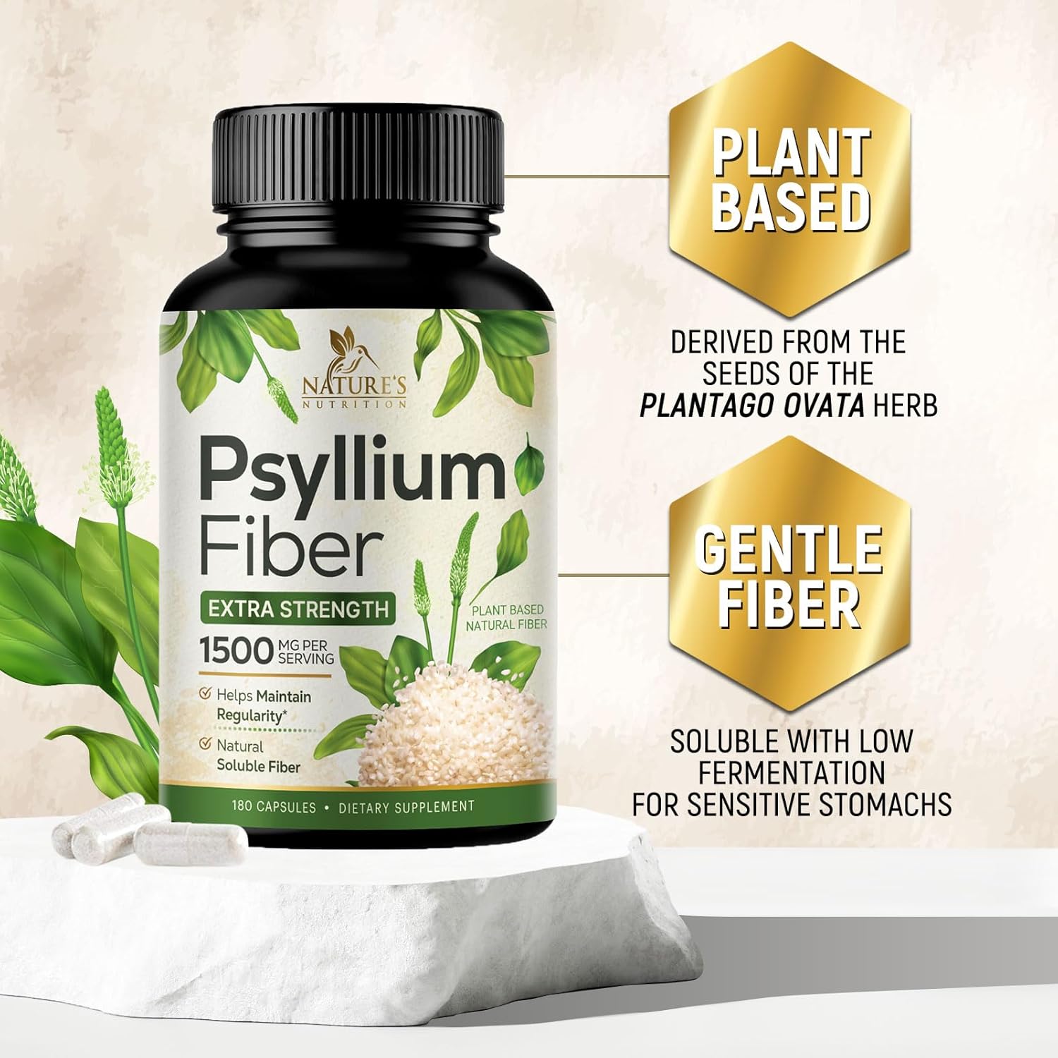 Psyllium Husk Capsules 1500mg for Digestion & Regularity - 180 Vegan Capsules