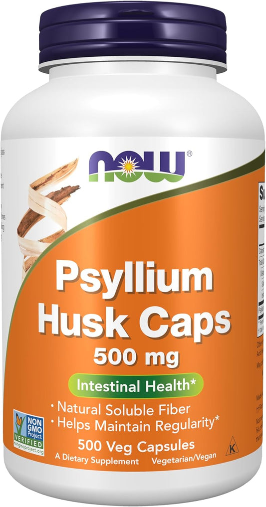 Psyllium Husk Capsules 500mg for Intestinal Health - Non-GMO, Natural Soluble Fiber - 500 Veg Capsules by NOW Foods