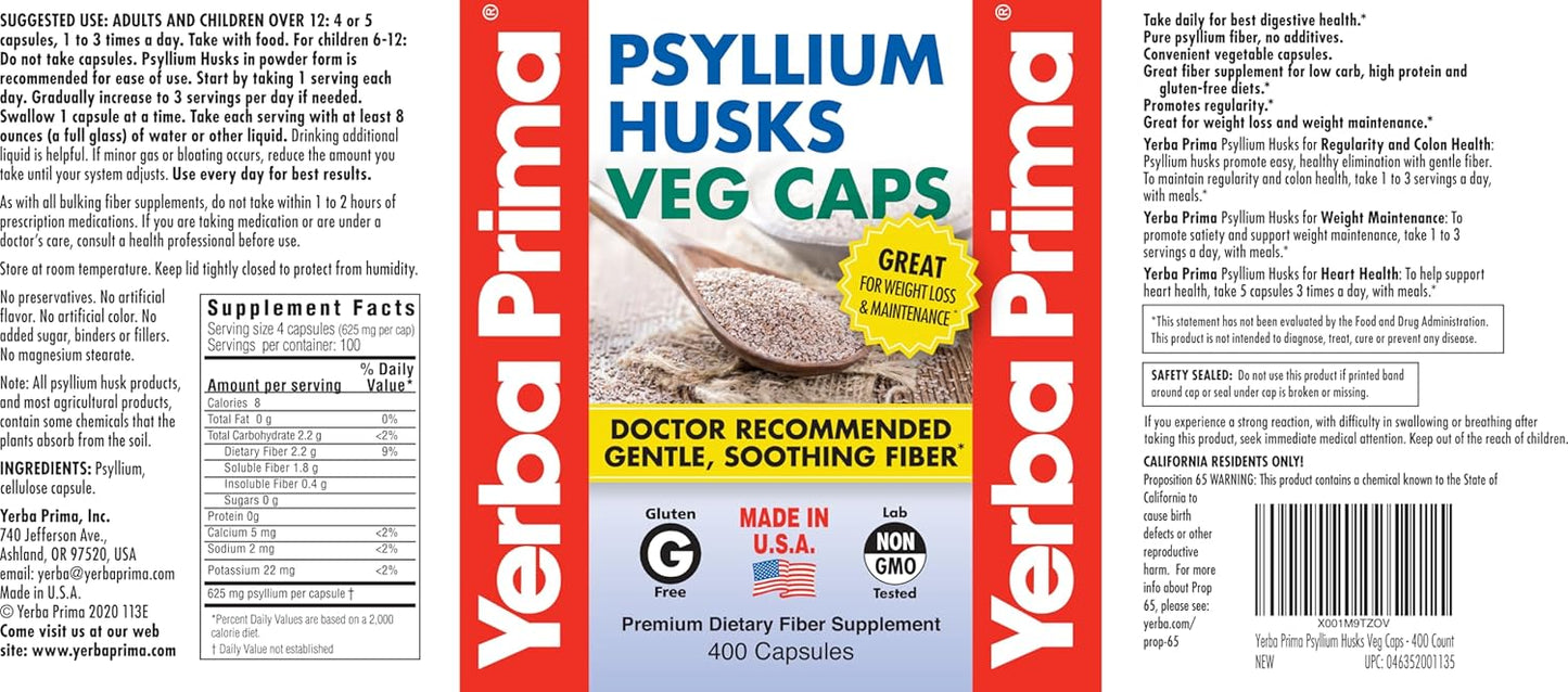 Psyllium Husk Capsules 625mg - 400 Count (Pack of 2) - Vegan, Non-GMO, Gluten Free - Colon Cleanser and Fiber Supplement for Gut Health