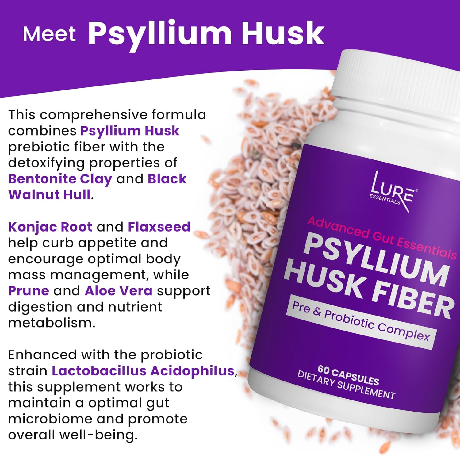 Psyllium Husk Capsules for Colon Cleanse - Natural Prebiotic and Probiotic Fiber Supplement