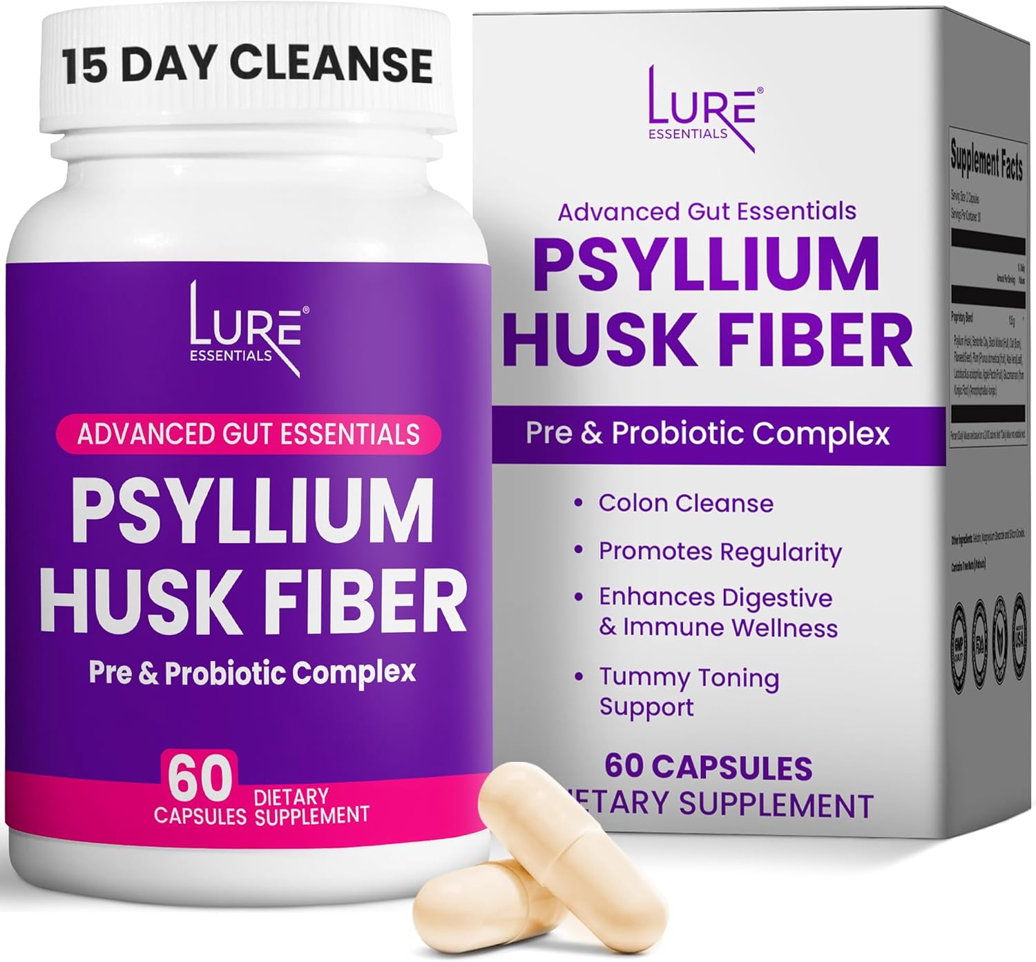 Psyllium Husk Capsules for Colon Cleanse - Natural Prebiotic and Probiotic Fiber Supplement
