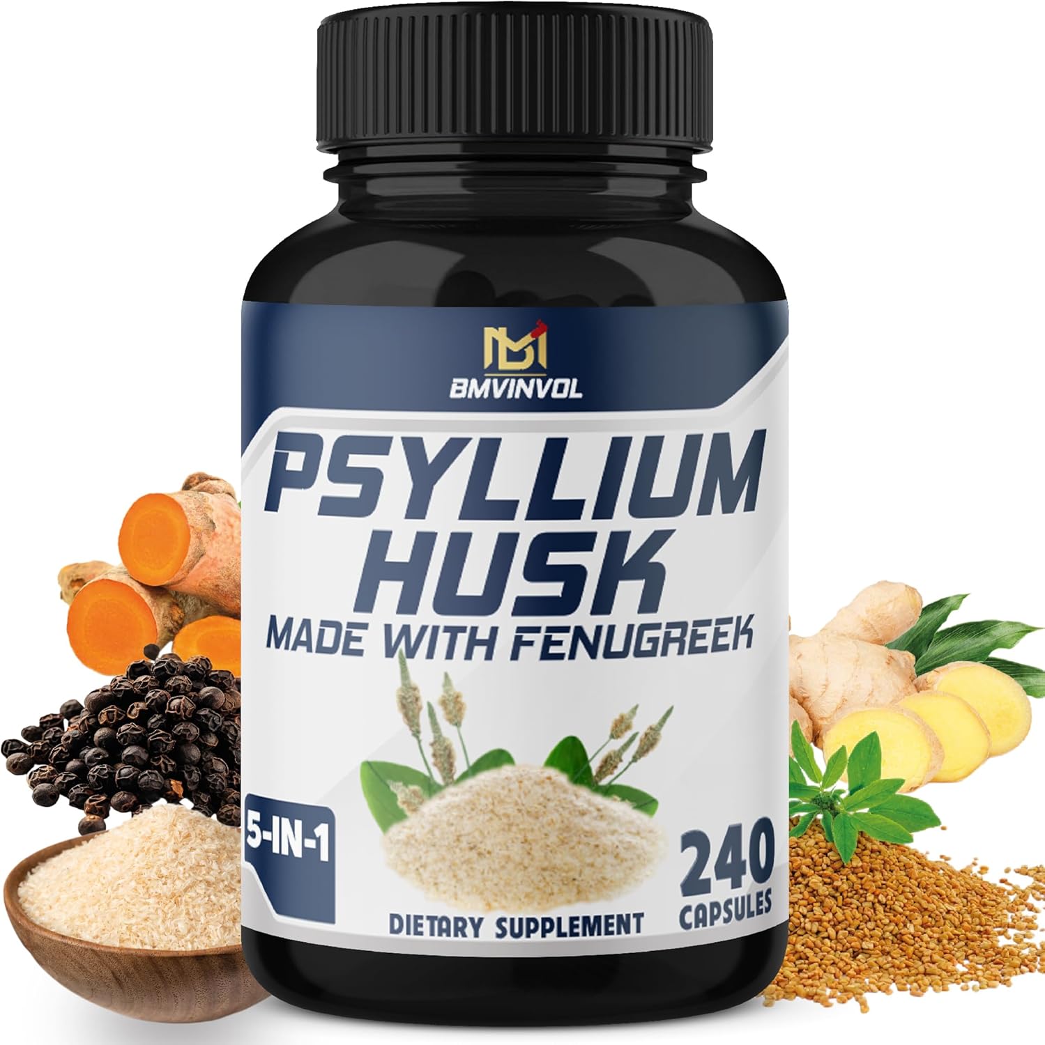 Psyllium Husk Capsules with Fenugreek, Turmeric, Ginger, Black Pepper - 240 Count (4 Month Supply)