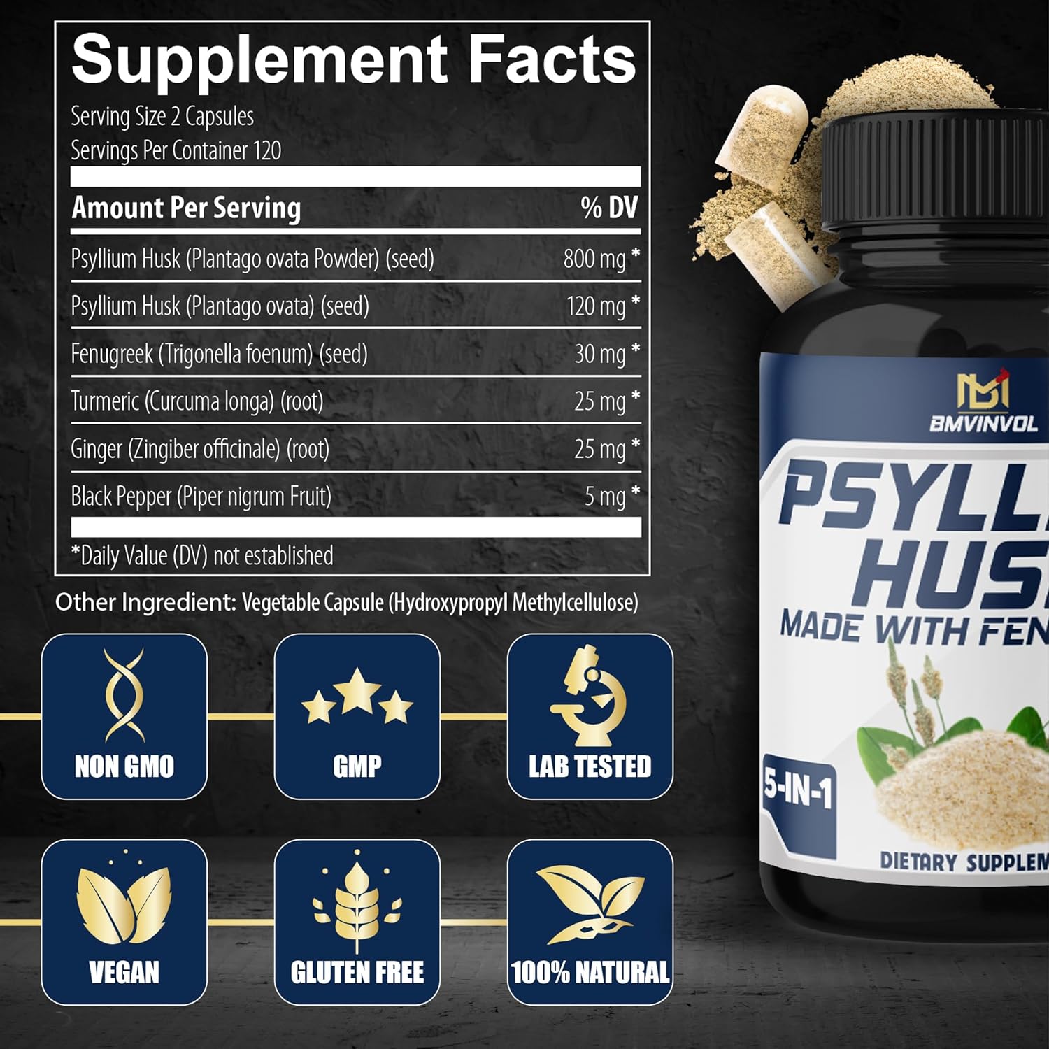 Psyllium Husk Capsules with Fenugreek, Turmeric, Ginger, Black Pepper - 240 Count (4 Month Supply)
