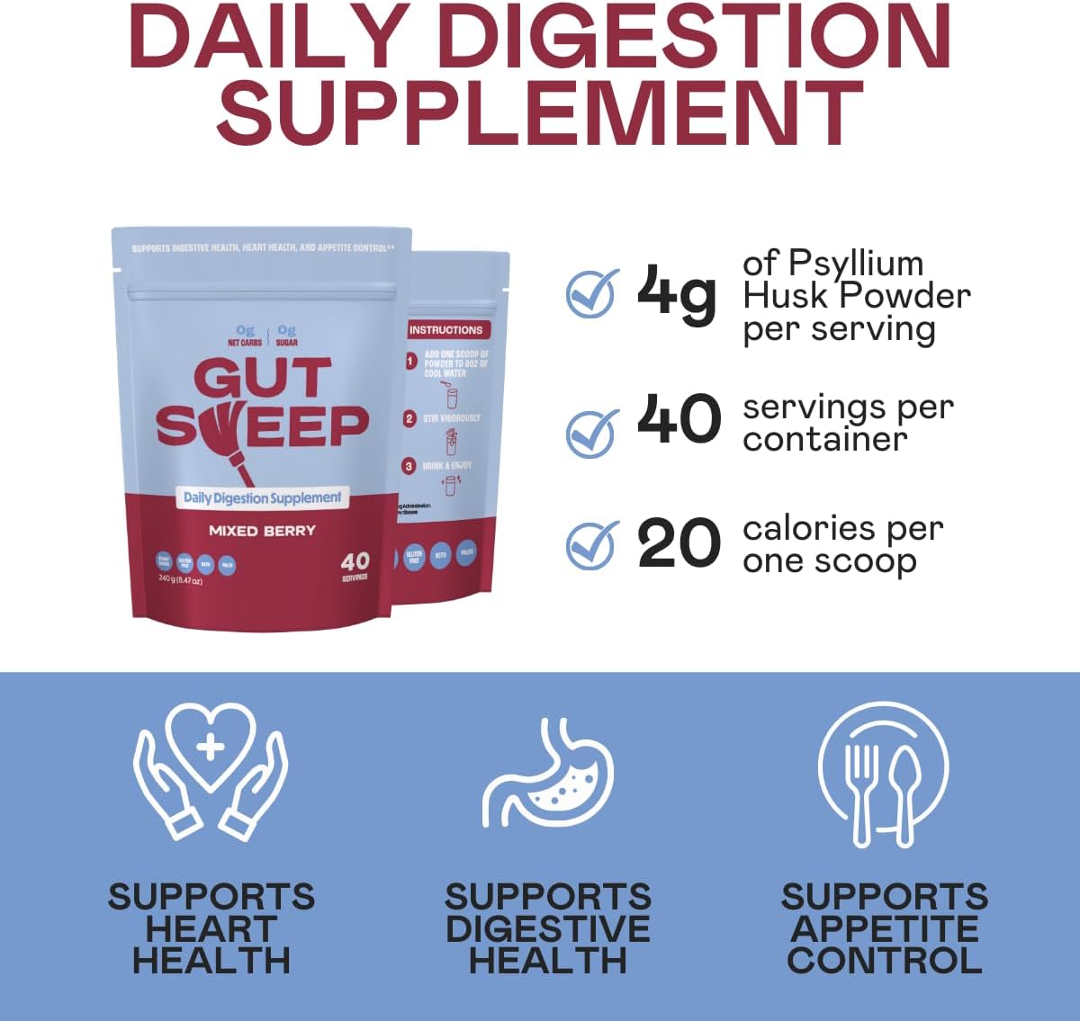 Psyllium Husk Fiber Daily Digestion Supplement for Appetite Control - Gluten Free, Plant Based, Keto & Paleo Friendly - Mixed Berry - 40 Servings