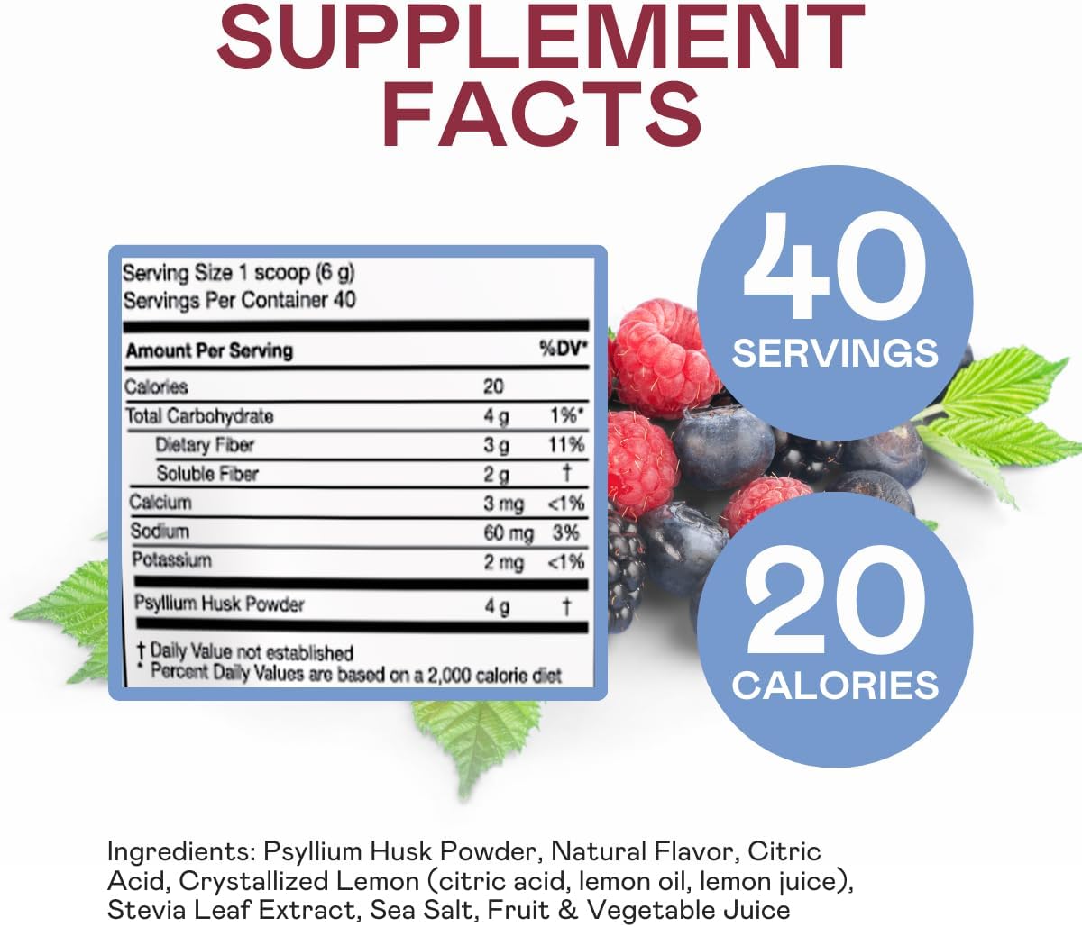 Psyllium Husk Fiber Daily Digestion Supplement for Appetite Control - Gluten Free, Plant Based, Keto & Paleo Friendly - Mixed Berry - 40 Servings