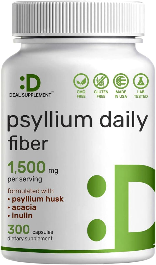 Psyllium Husk Fiber Supplement 1500mg, 300 Capsules - Inulin & Acacia Complex for Digestive Health - Plant Based, Non-GMO - Natural Soluble Fiber