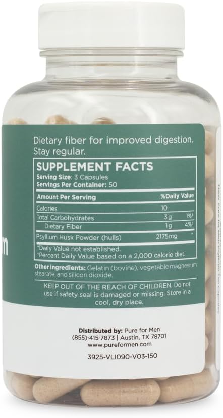 Psyllium Husk Fiber Supplement for Digestive Regularity & Gut Health | Pure for Men & Pure for Her | 2,175mg Per Serving, 150 Capsules