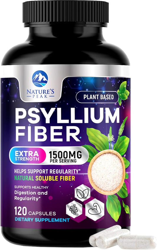 Psyllium Husk Powder Capsules 1500mg - Non-GMO Digestive Health Support - 120 Capsules
